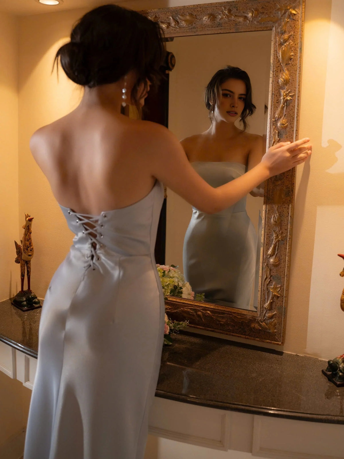 Blush Pink maxi prom dress, alternate view showing the skirt and hem