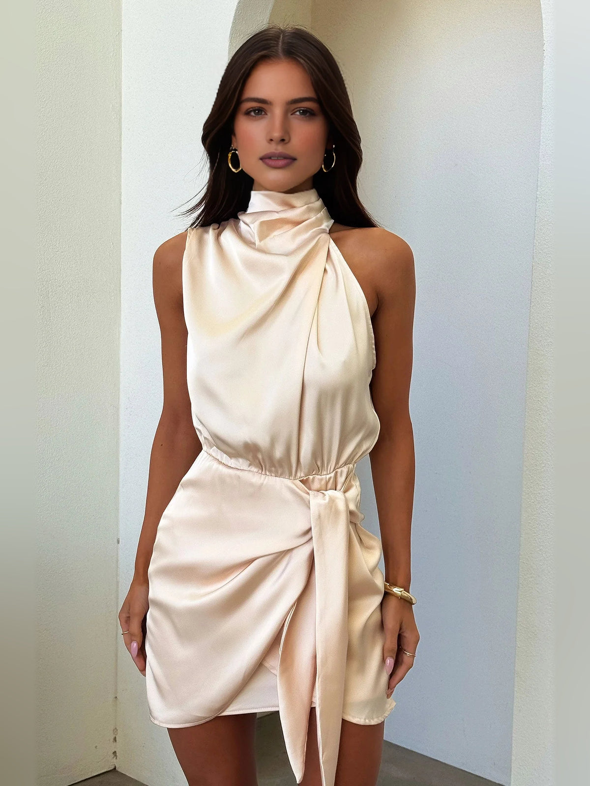 Gold mini homecoming dress, alternate view showing the skirt and hem
