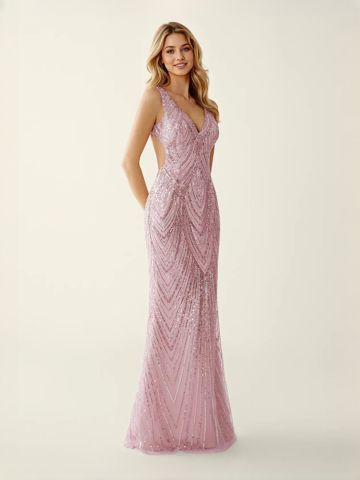 Light Pink maxi prom dress, back view showing the rear of the dress in an additional pose