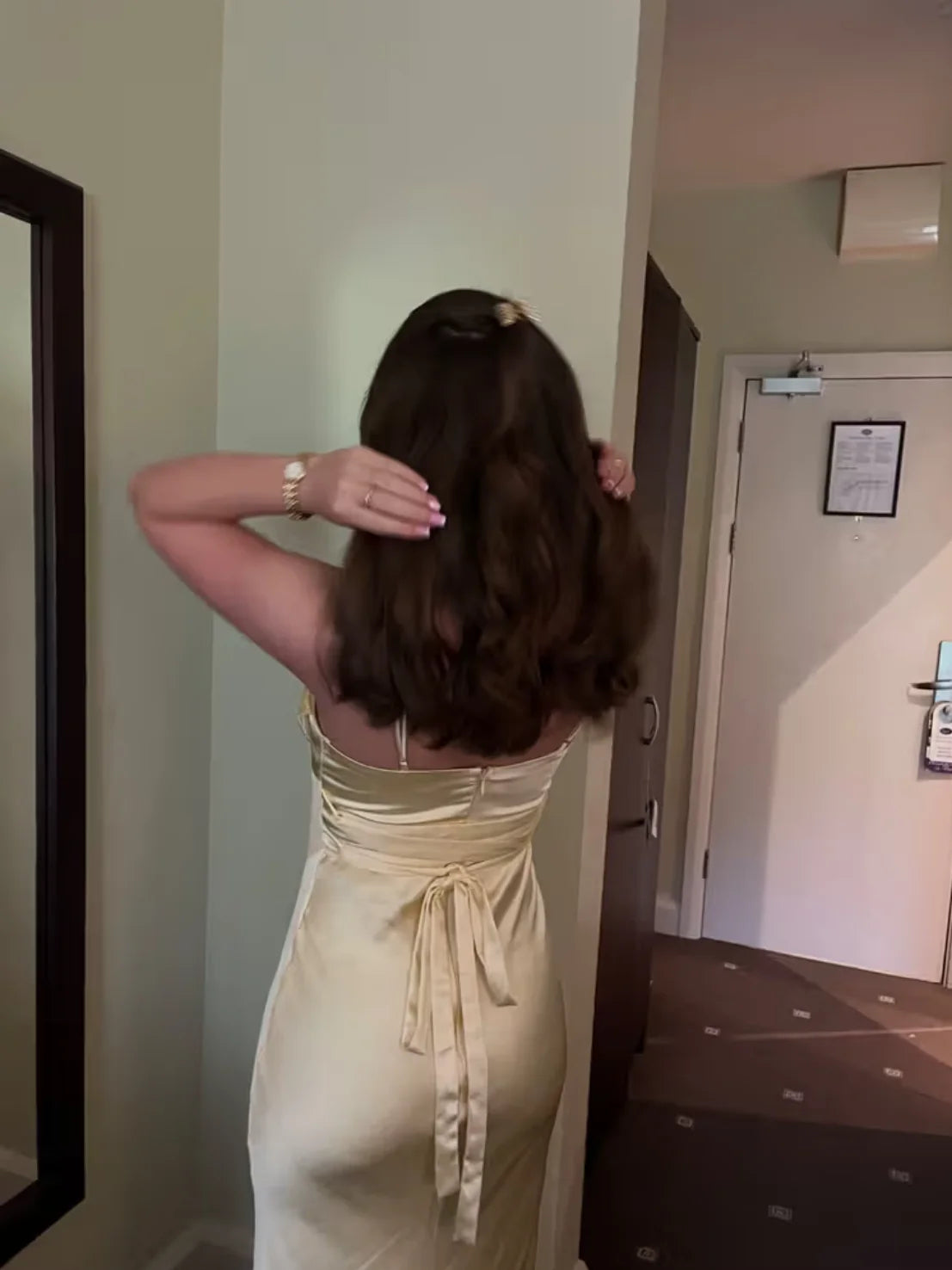 Yellow ankle-length bridesmaid dress, alternate view showing the skirt and hem