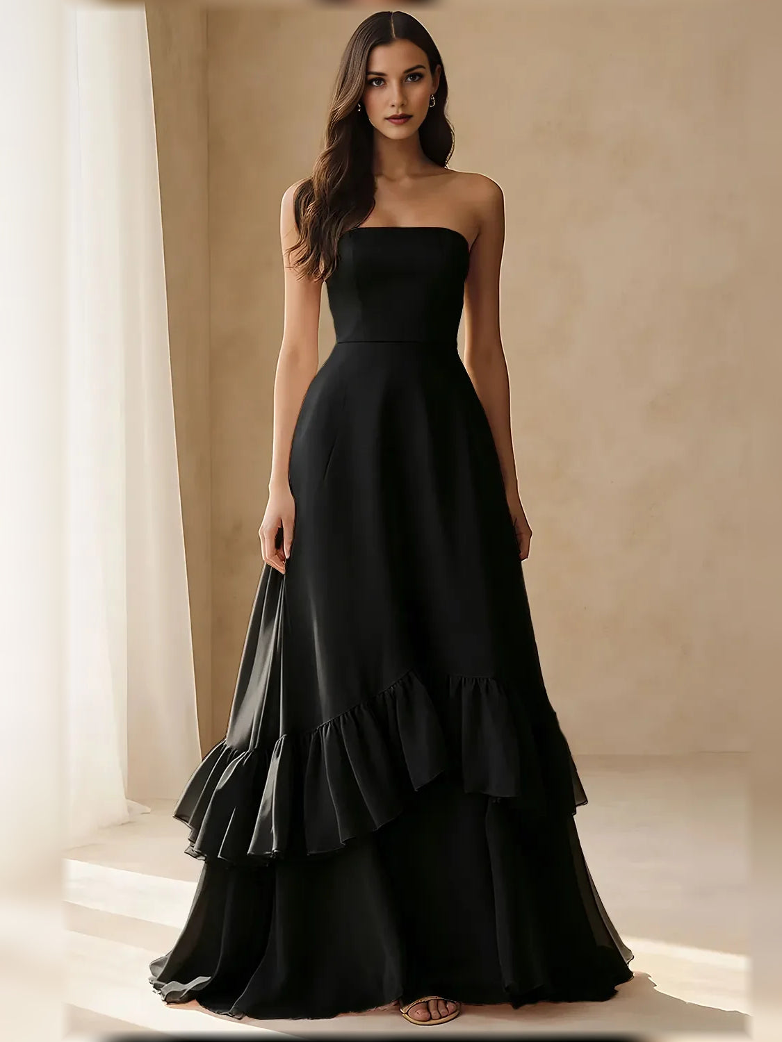 Black a-line floor-length formal dress with tiered skirt, alternate view