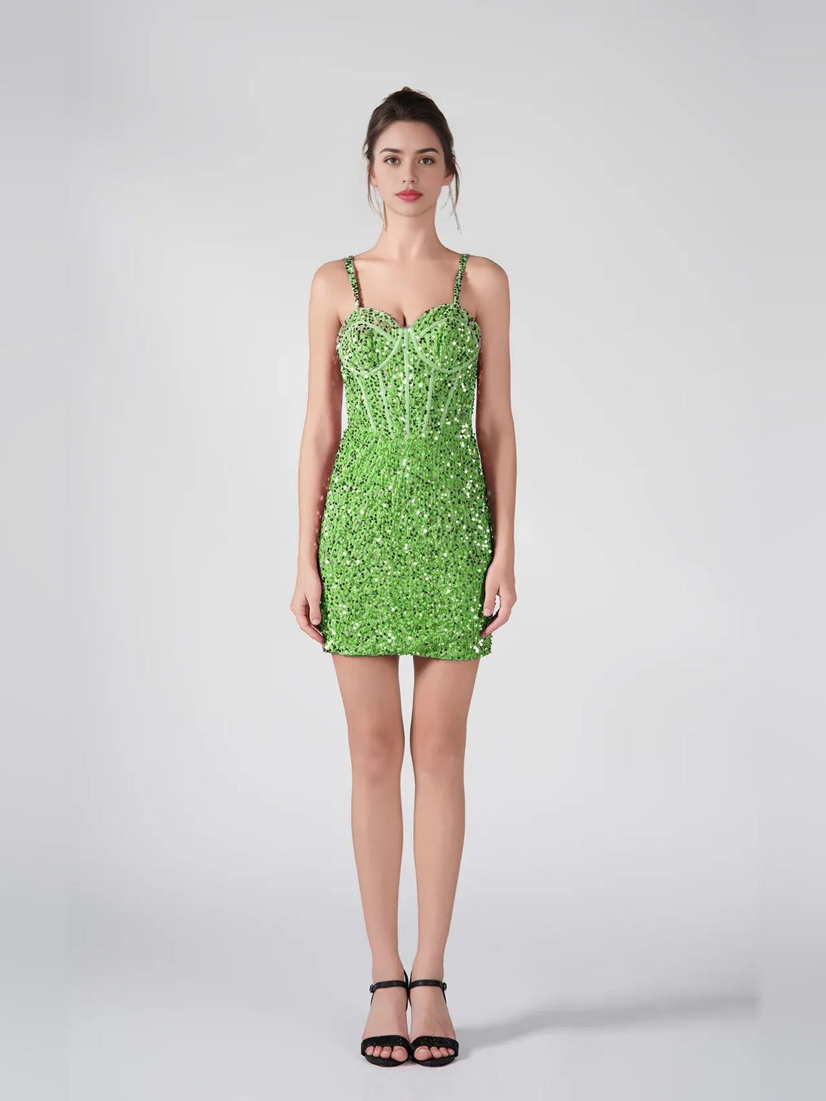 Lime Green mini homecoming dress, alternate view showing the skirt and hem