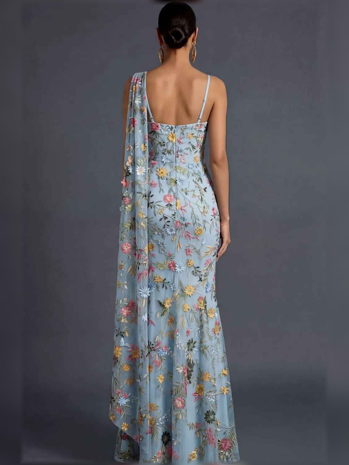Mauve mermaid floor-length formal dress with embroidery, alternate view showing the skirt