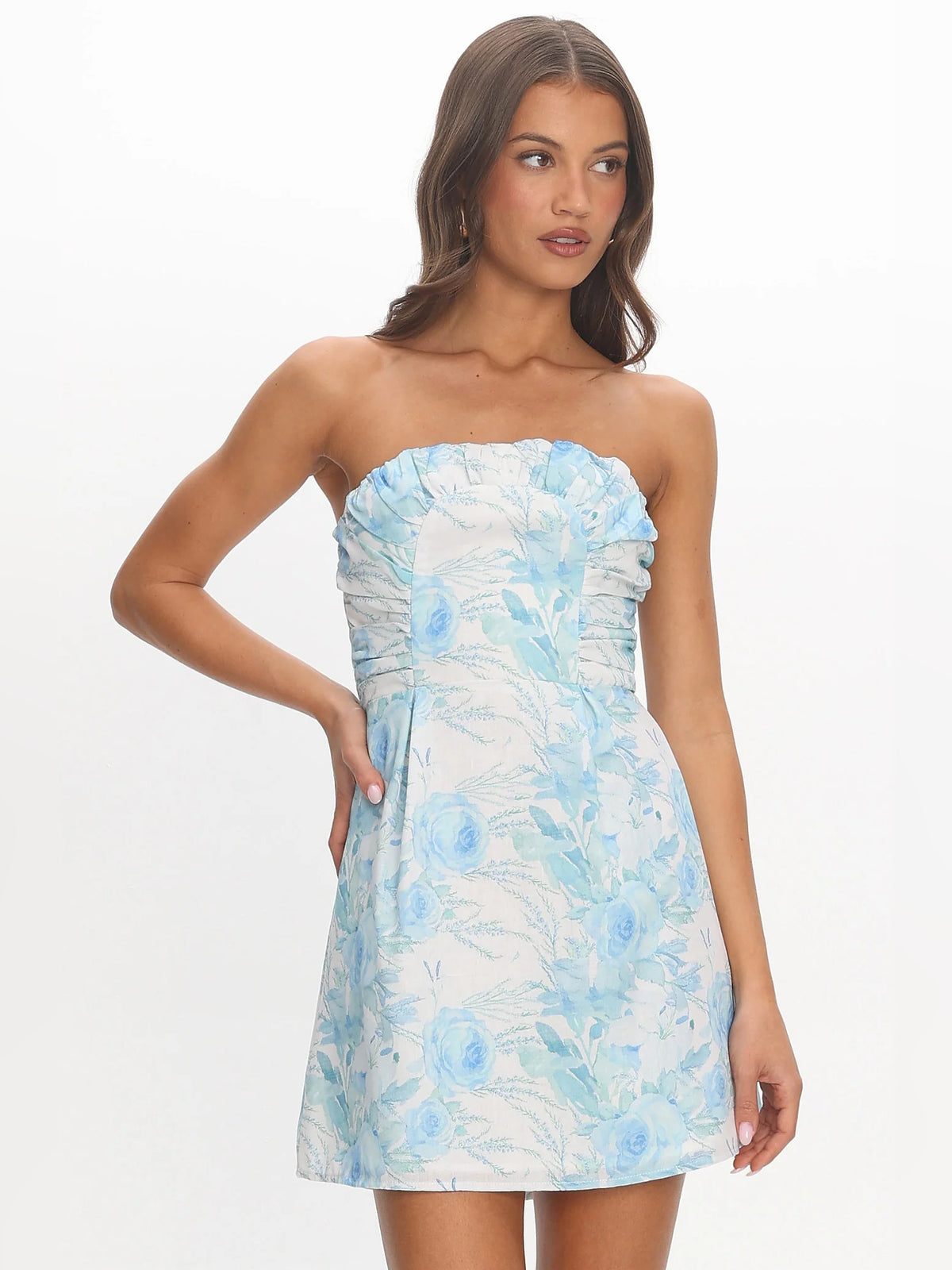 Blue mini homecoming dress, alternate view showing the skirt and hem