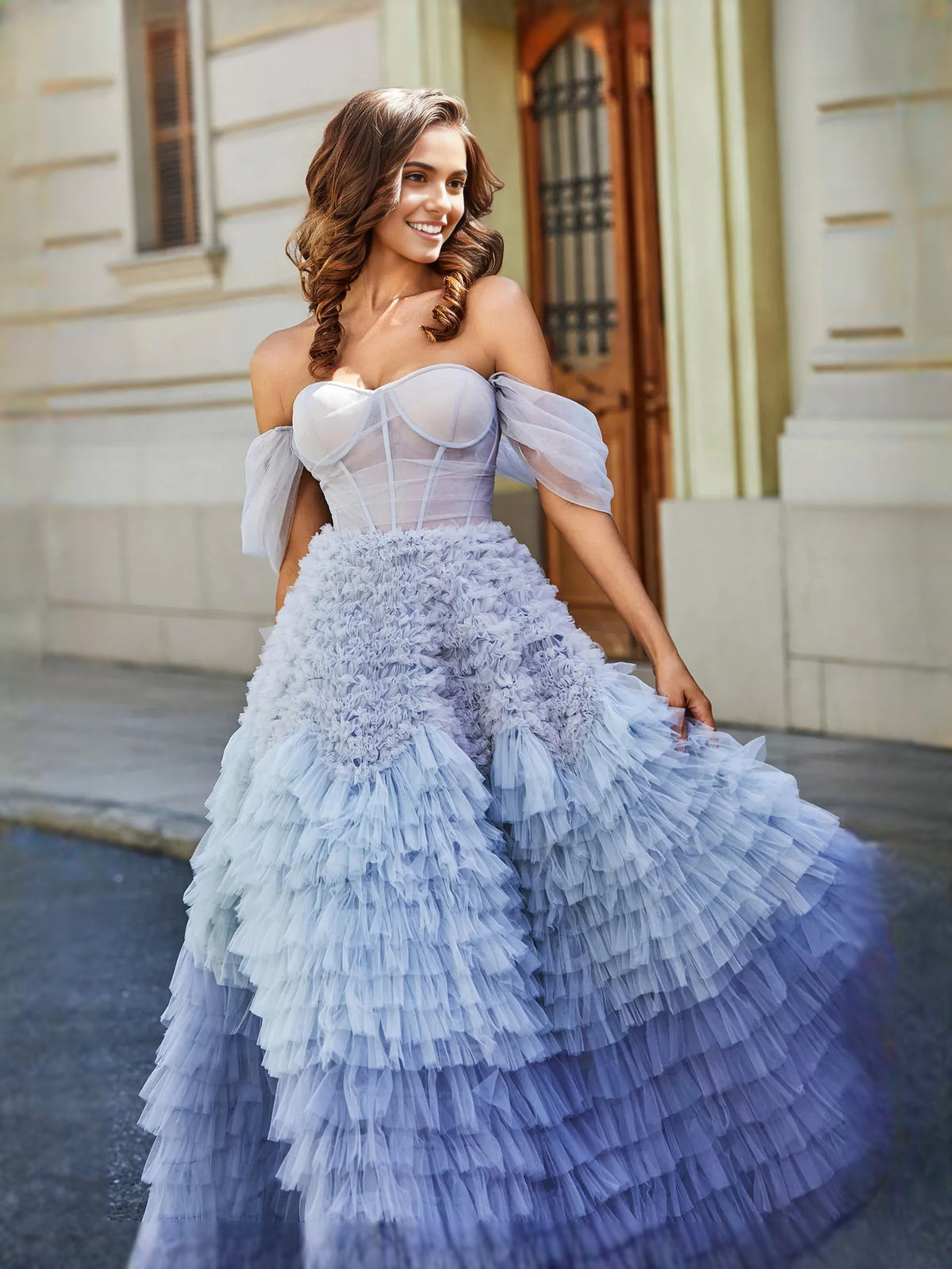 Dusty Blue floor-length prom dress, alternate view showing the skirt and hem