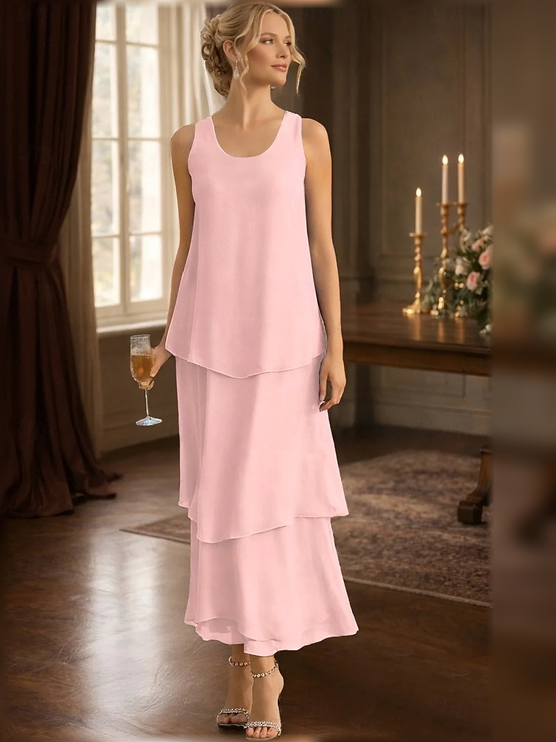 Light Blue maxi mother of the bride dress, alternate view showing the skirt and hem