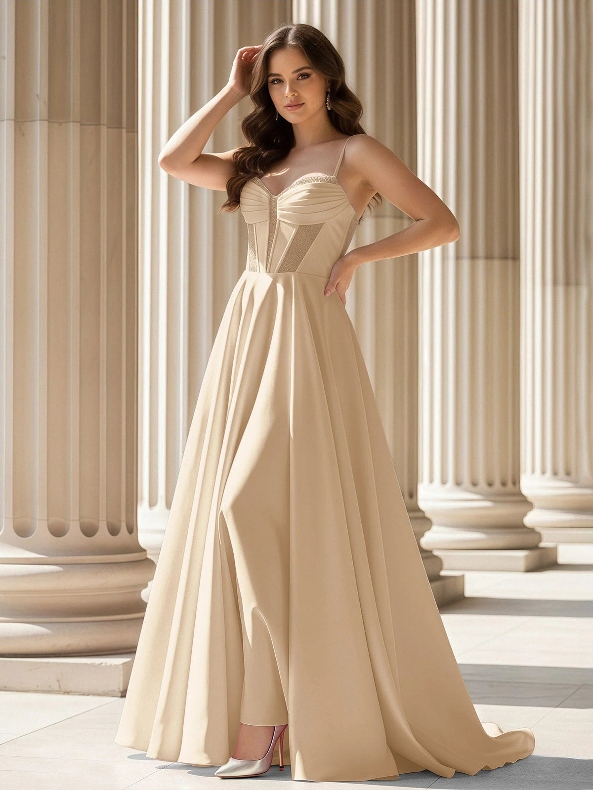 Champagne maxi prom dress, alternate view showing the skirt and hem