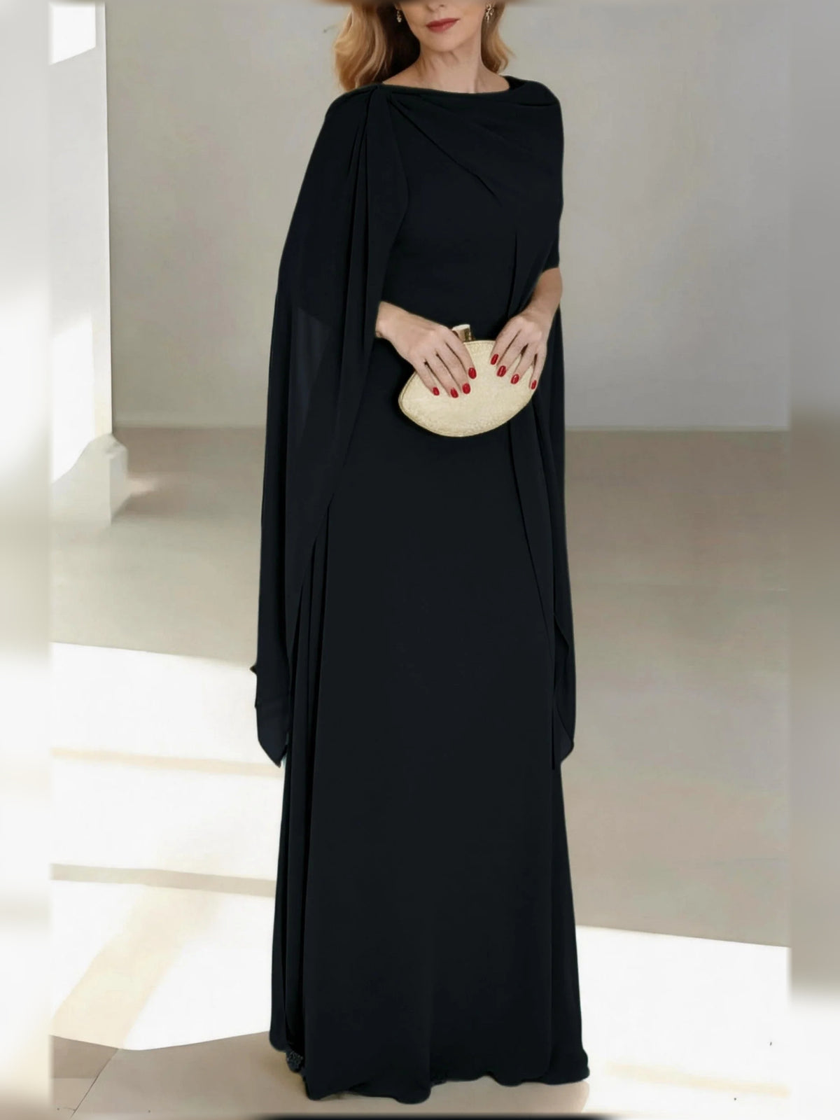 Black floor-length mother of the bride dress, alternate view showing the skirt and hem