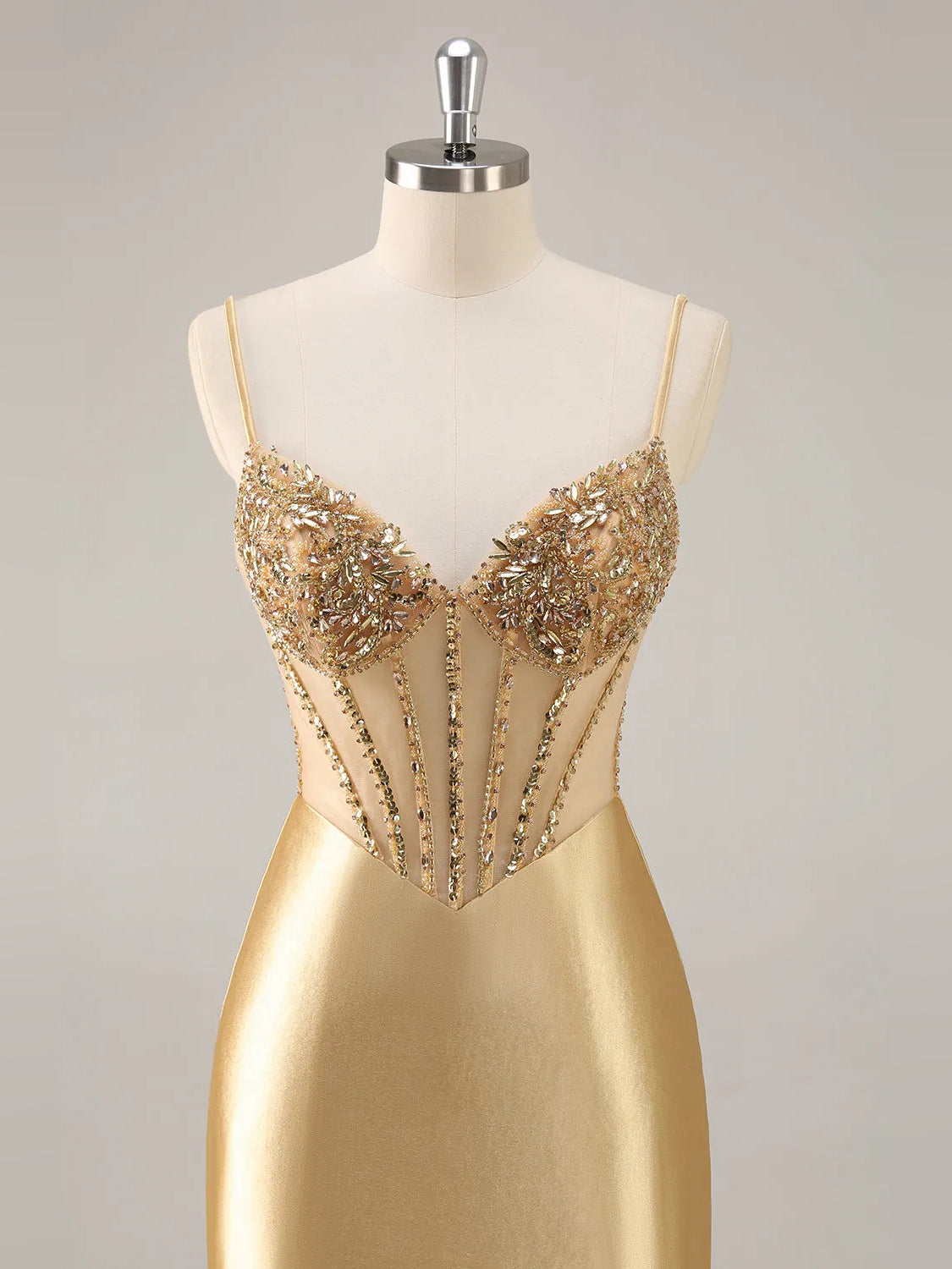 Gold mini homecoming dress, alternate view showing the skirt and hem