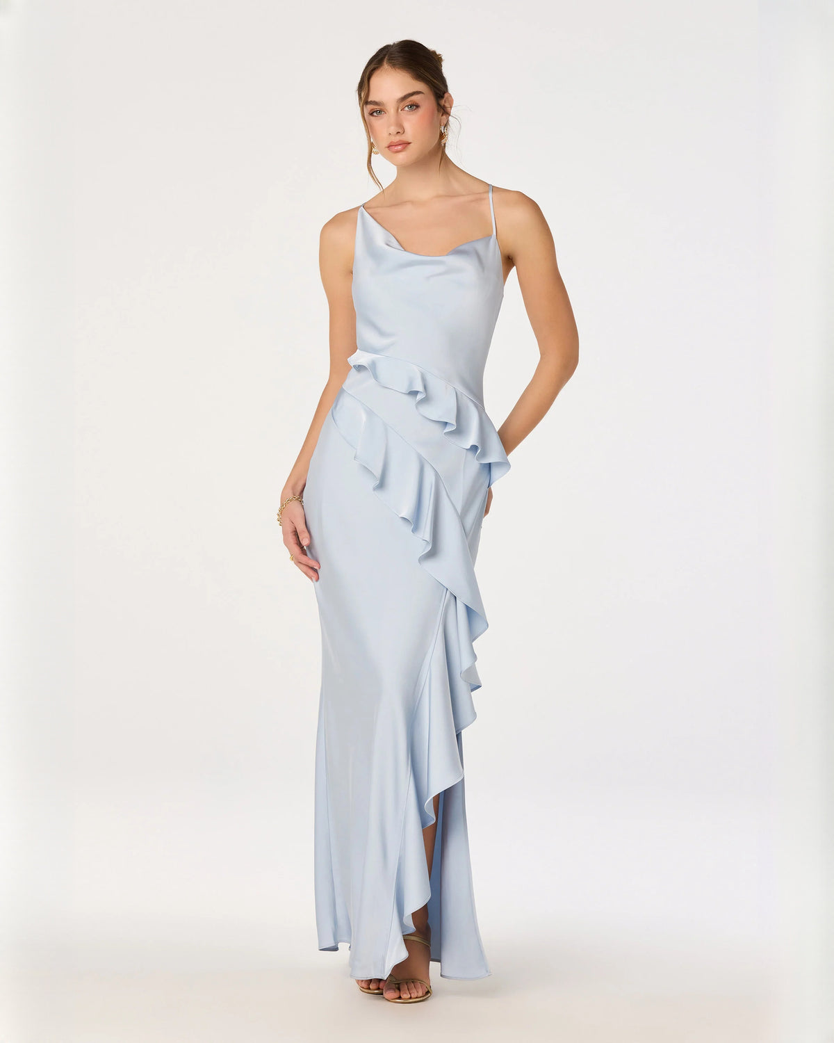 sleeveless structured satin a-line maxi bridesmaid dress - image 5