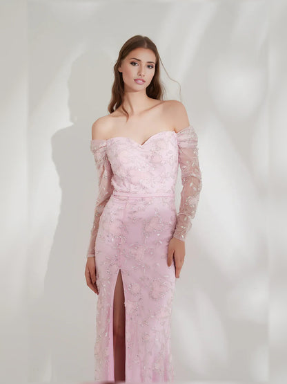 Blush Pink mermaid floor-length formal dress with skirt slit, alternate view showing the skirt