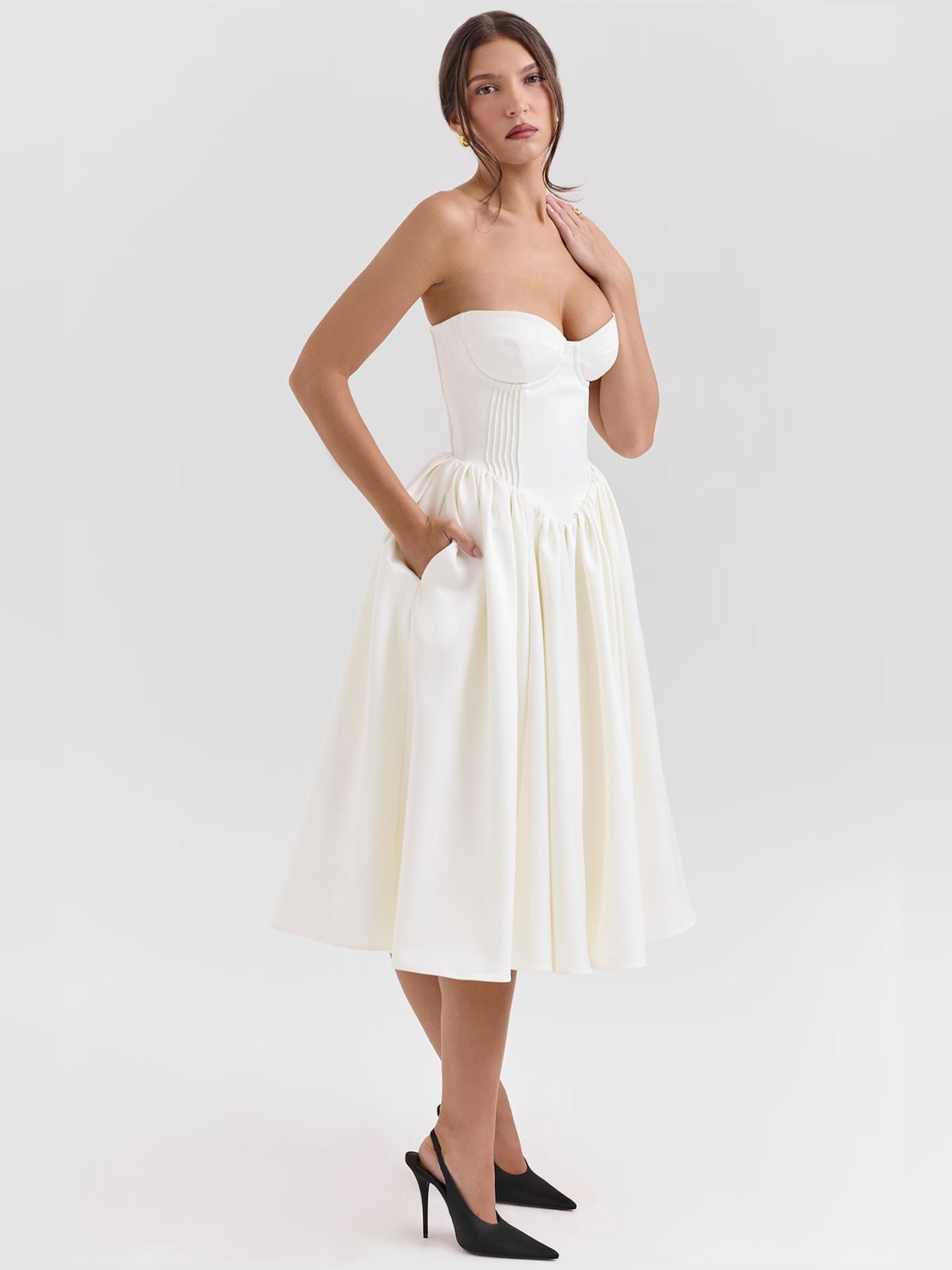 Ivory midi formal dress, alternate view showing the skirt