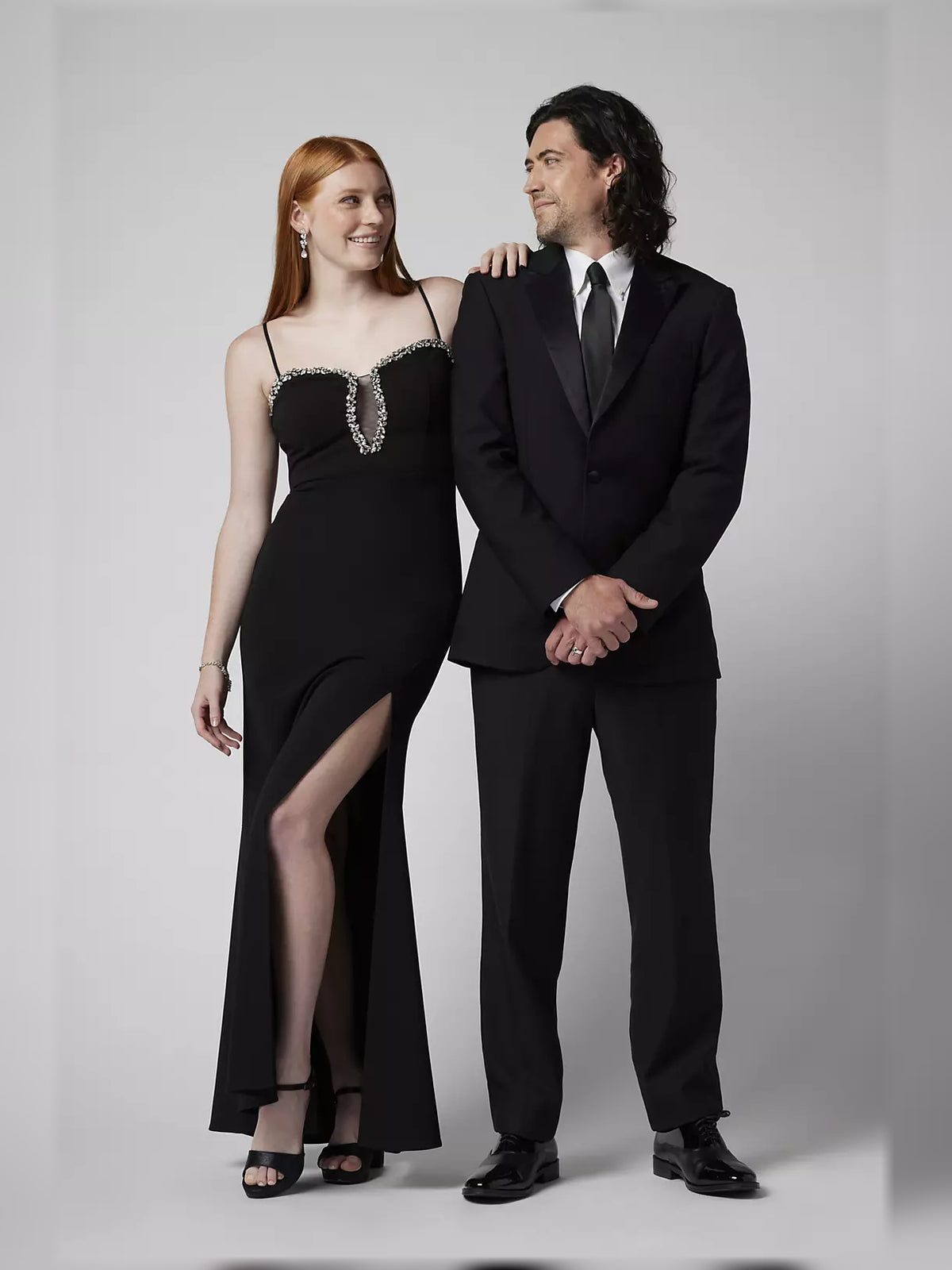 Black sheath floor-length formal dress with beading, alternate view showing the skirt