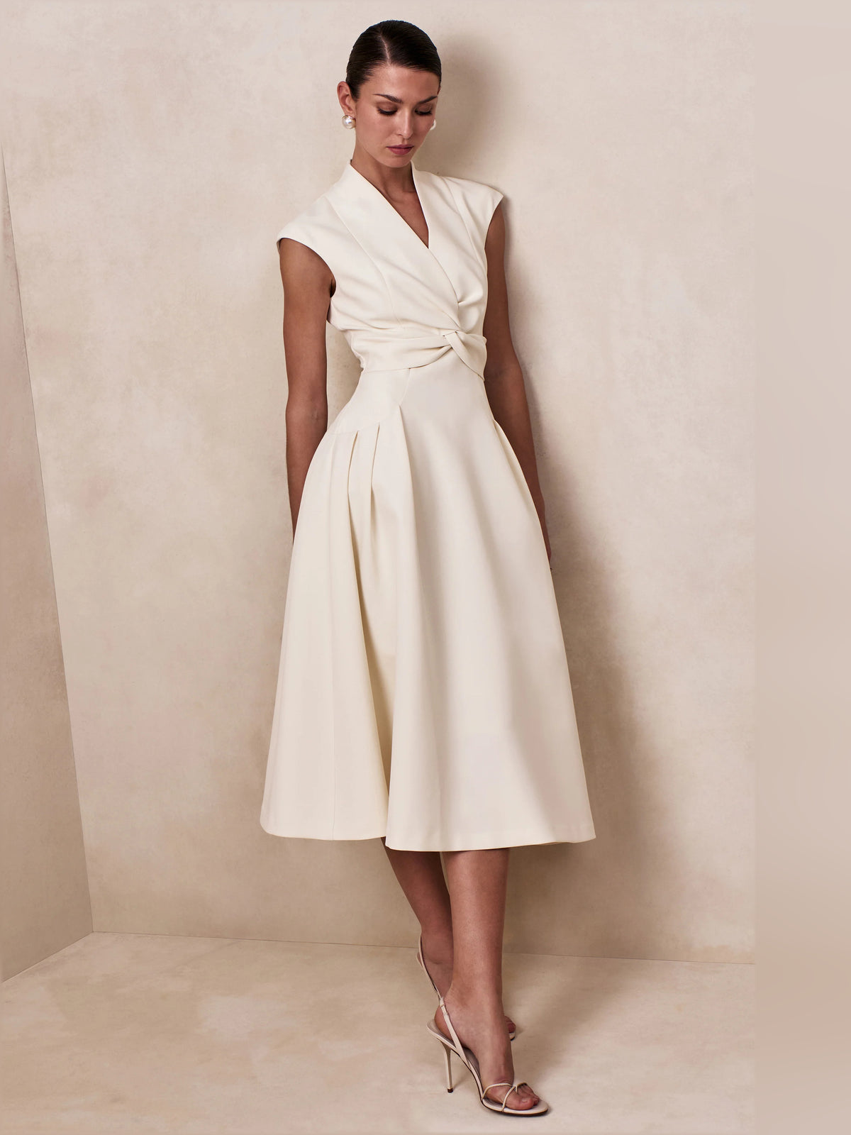 Cream midi formal dress with V-neckline, alternate view showing the skirt