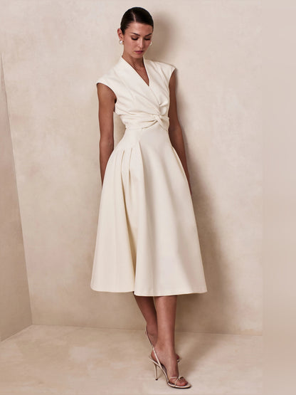 Cream midi formal dress with V-neckline, alternate view showing the skirt