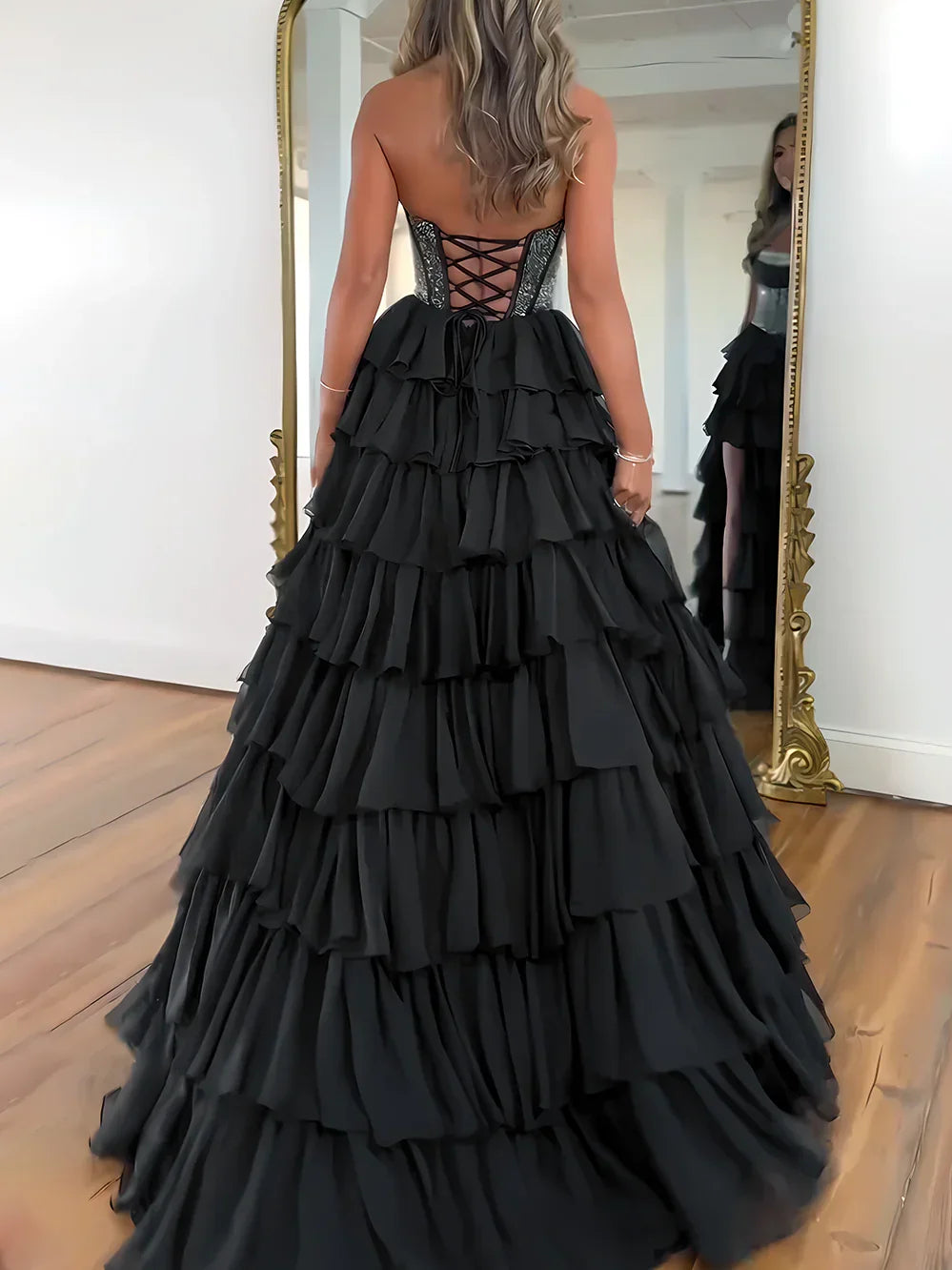 Royal Blue maxi prom dress, alternate view showing the skirt and hem