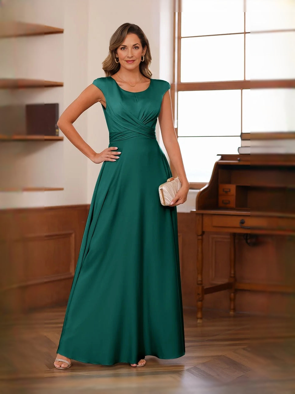 Jungle Green floor-length mother of the bride dress, alternate view showing the skirt and hem