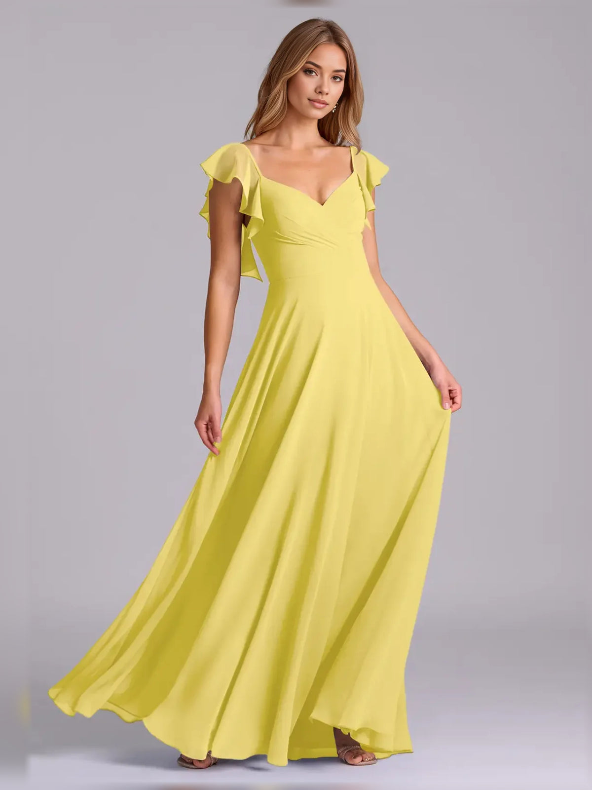 Lemon maxi bridesmaid dress, alternate view showing the skirt and hem
