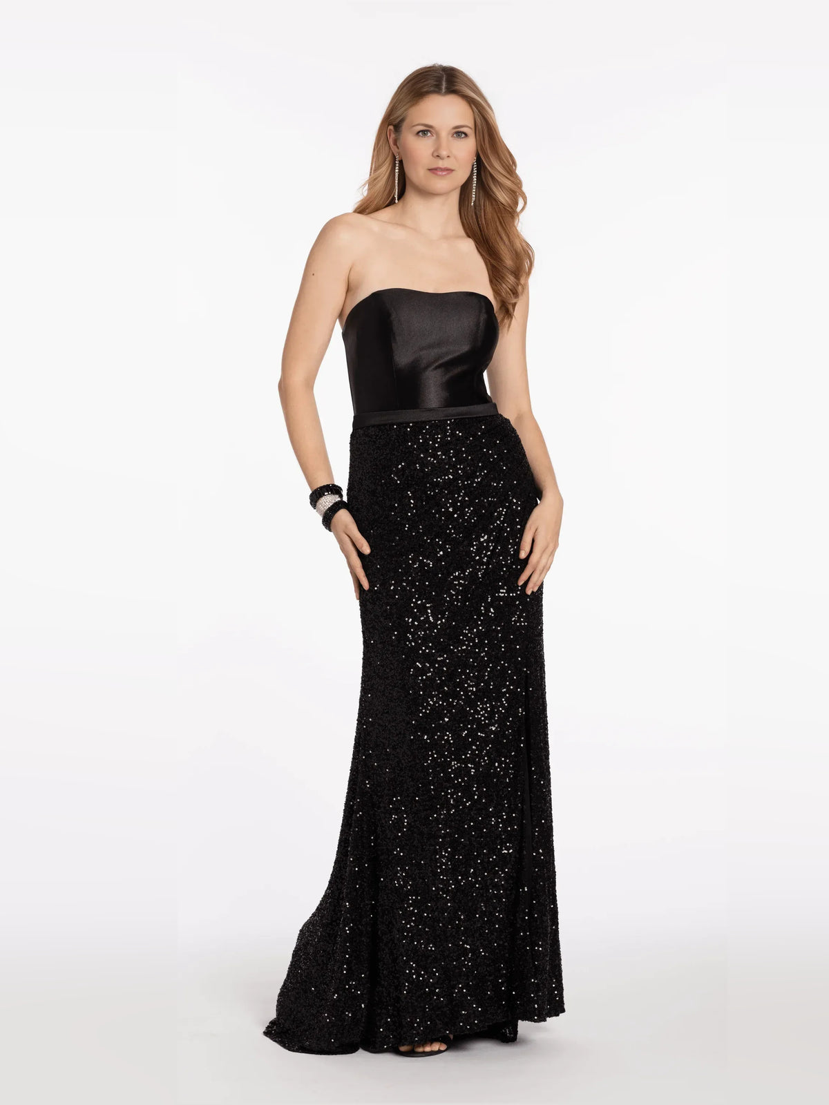 Black mermaid floor-length formal dress with skirt slit, alternate view showing the skirt