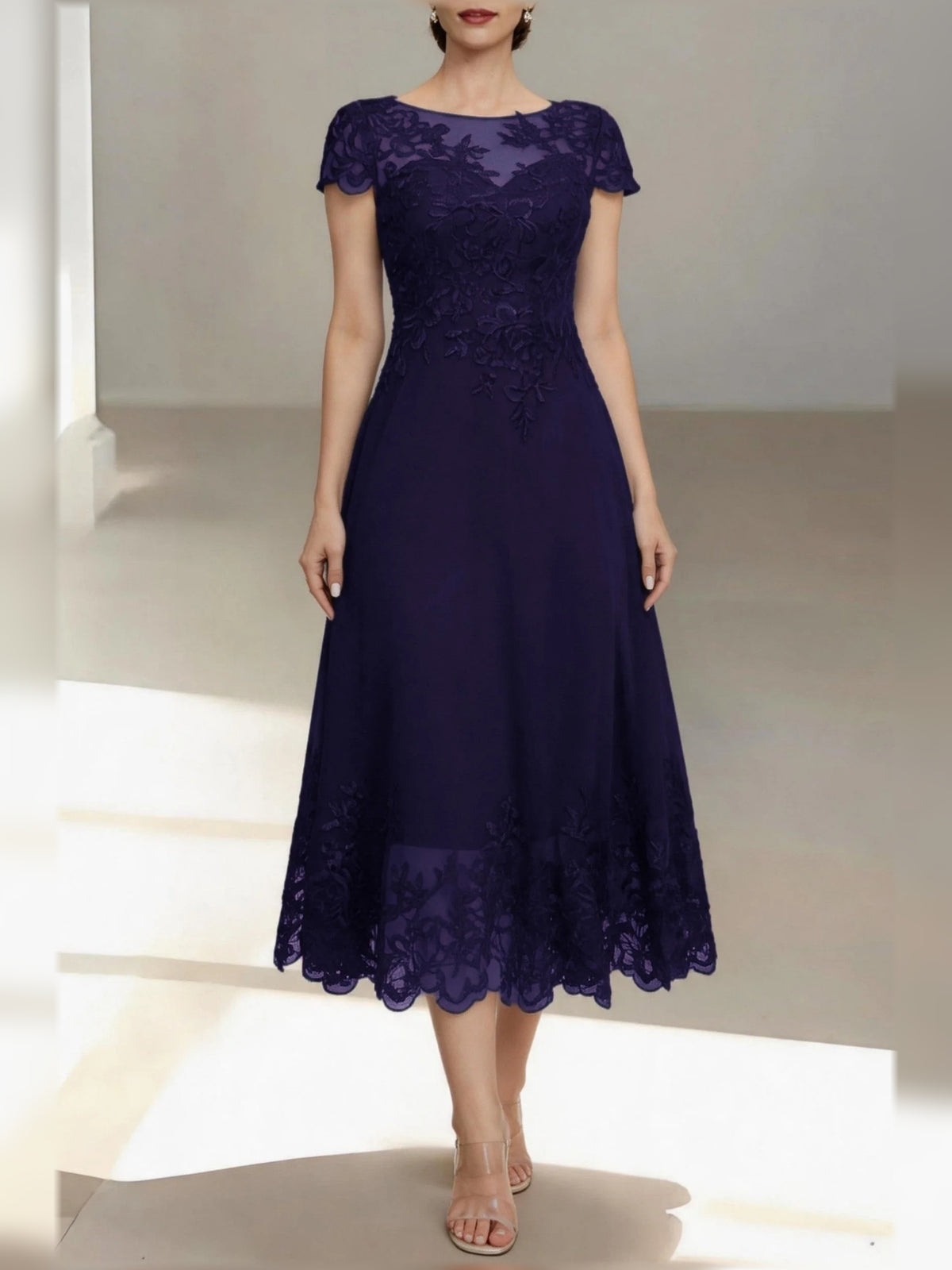 Plum short mother of the bride dress, alternate view showing the skirt and hem
