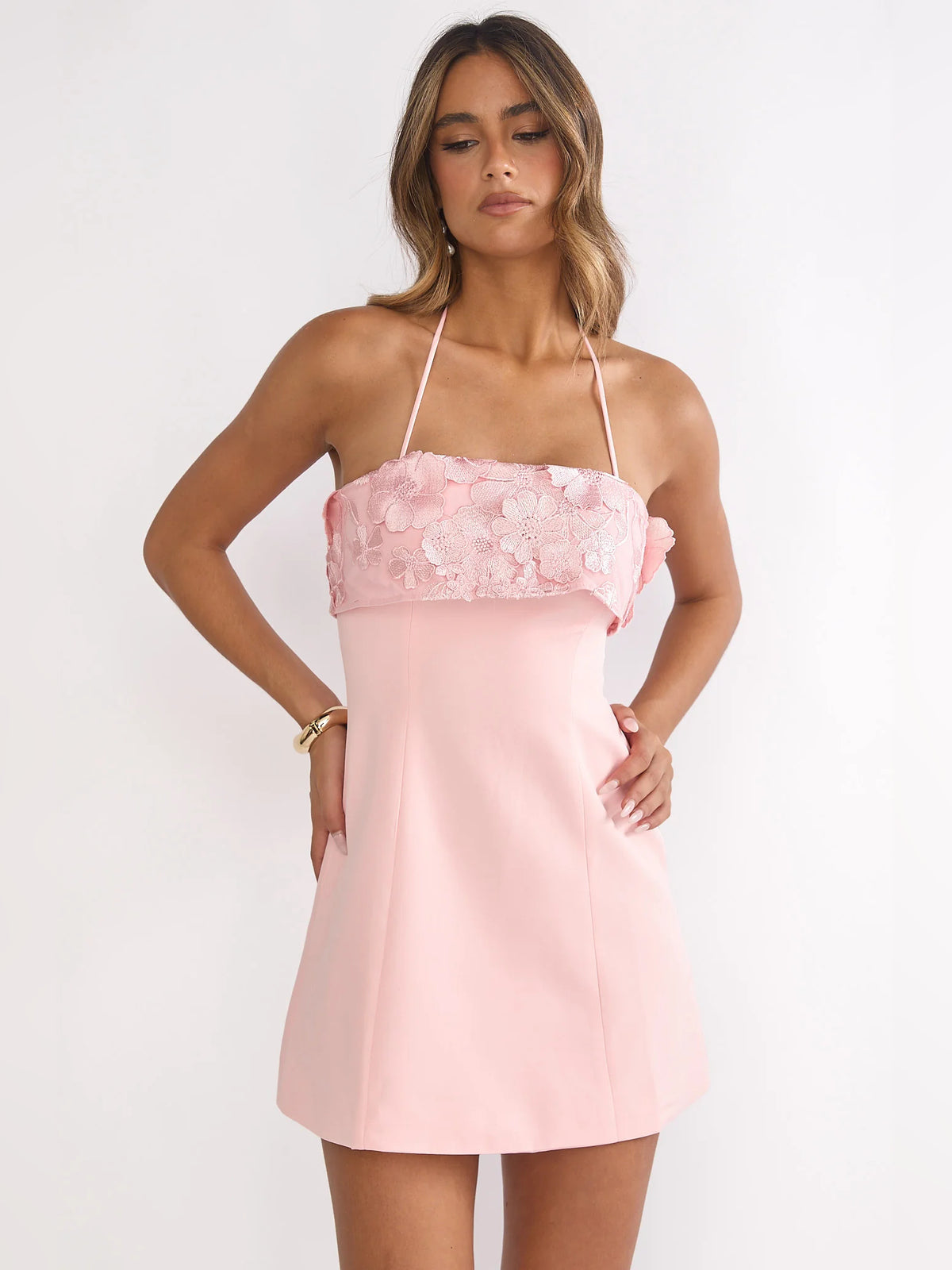Blush mini homecoming dress, alternate view showing the skirt and hem