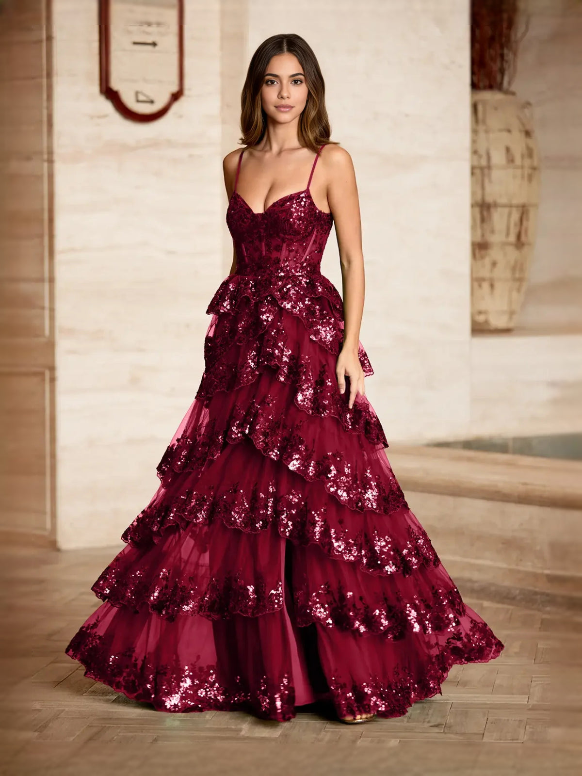Burgundy floor-length prom dress, alternate view showing the skirt and hem