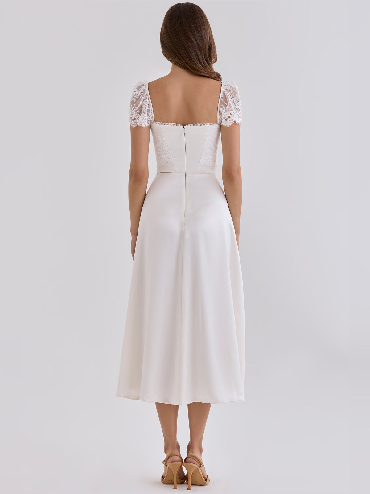 White midi formal dress, alternate view showing the skirt