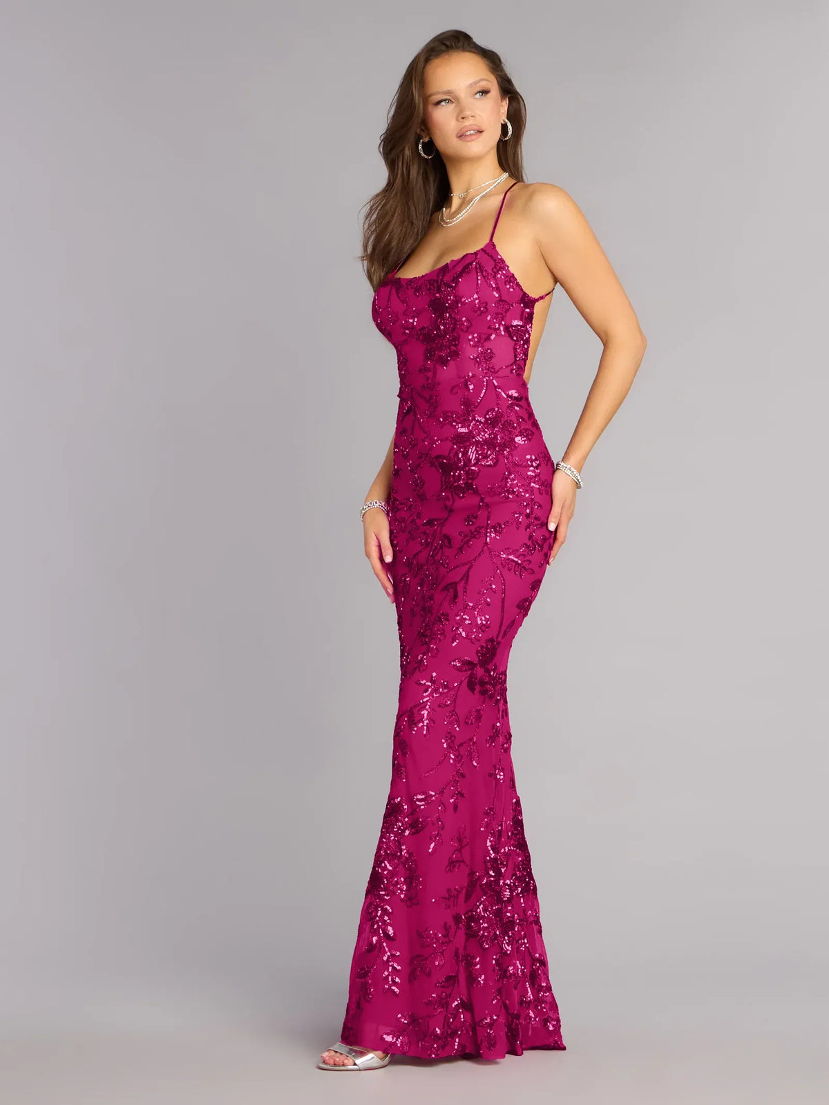 Fuchsia mermaid floor-length formal dress with floral print, alternate view showing the skirt