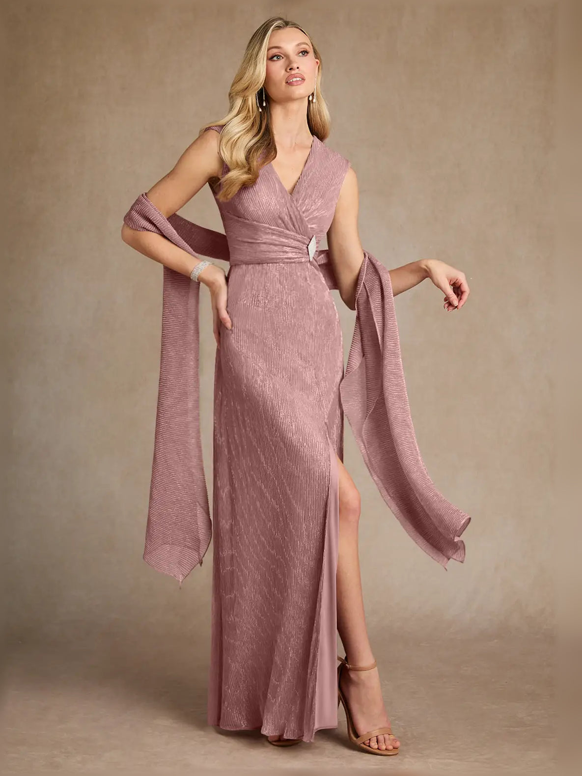 Dusty Rose maxi mother of the bride dress, alternate view showing the skirt and hem