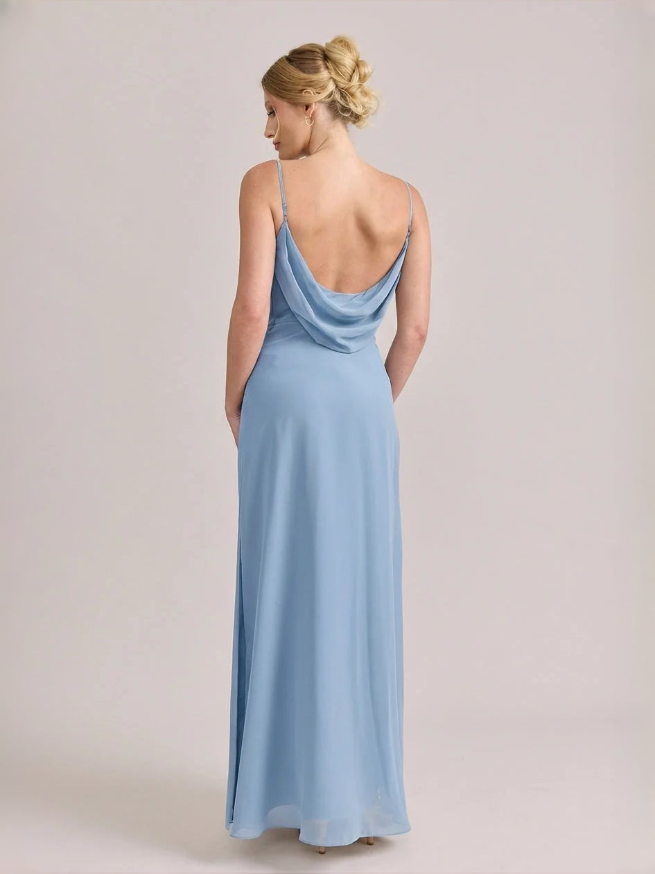 Dusty Blue maxi bridesmaid dress, alternate view showing the skirt and hem
