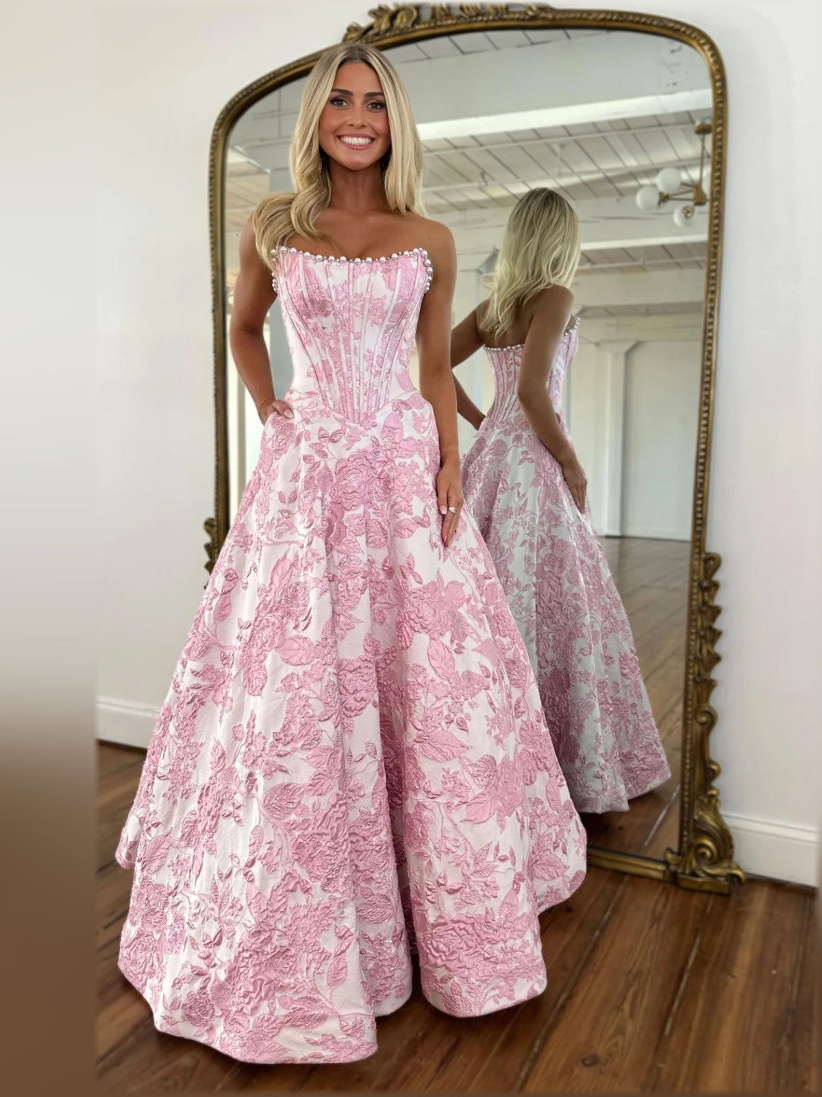 Pink a-line floor-length formal dress with floral print, alternate view