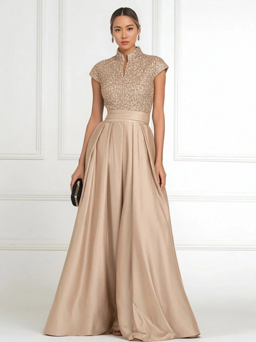 Champagne floor-length mother of the bride dress, alternate view showing the skirt and hem