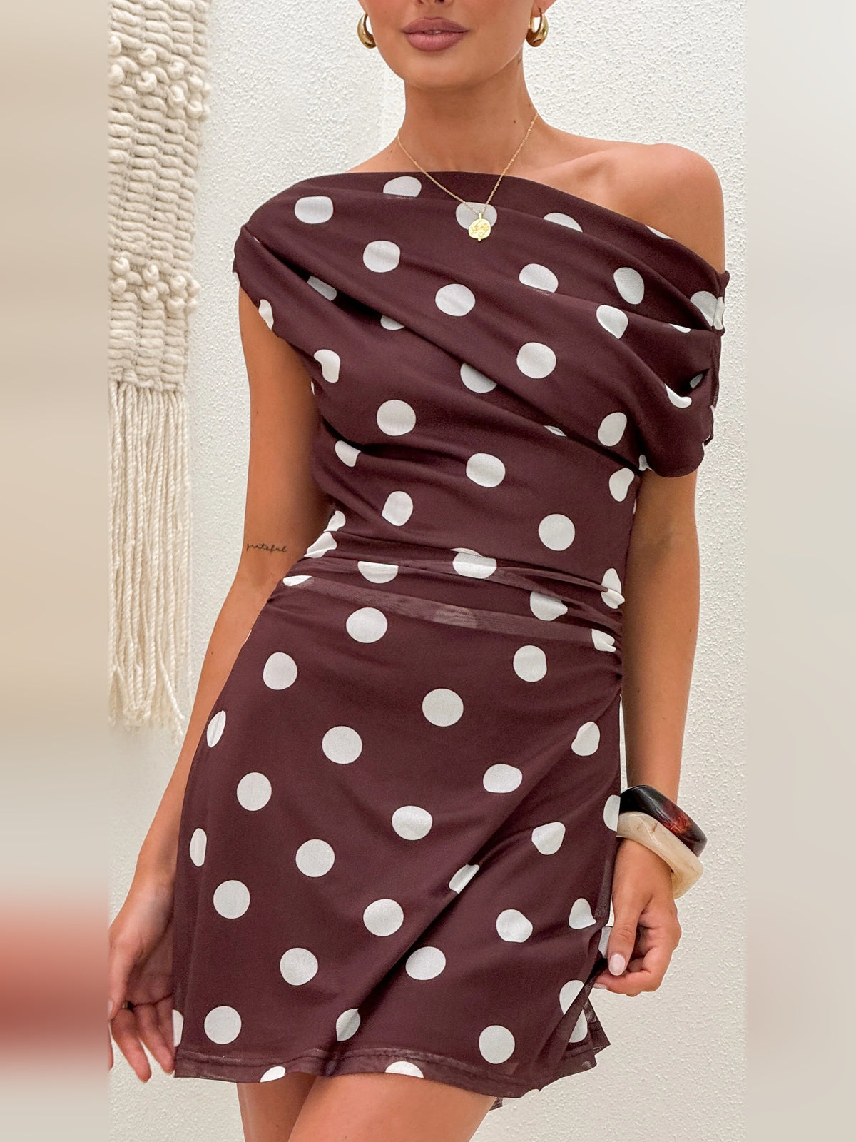 Brown mini homecoming dress, alternate view showing the skirt and hem