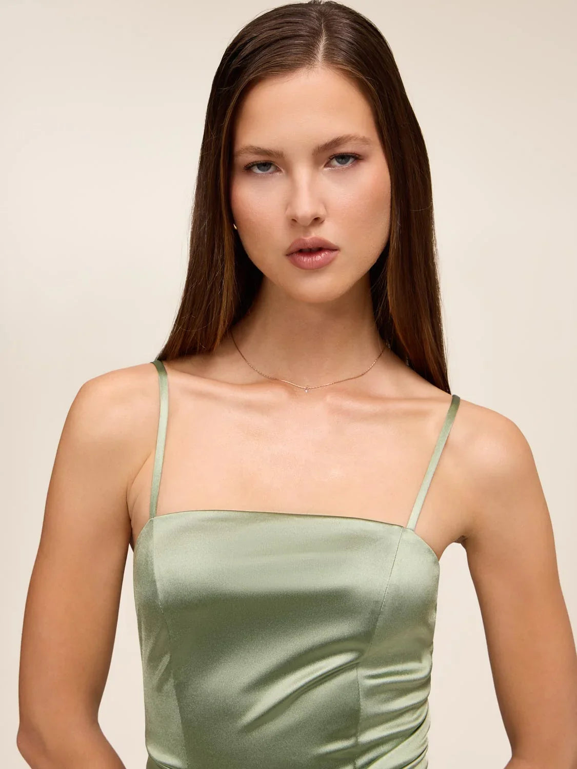 Dusty Sage sheath floor-length formal dress with ruching, alternate view showing the skirt