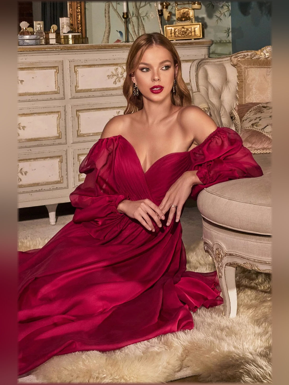 Burgundy a-line floor-length formal dress with pleated skirt, alternate view