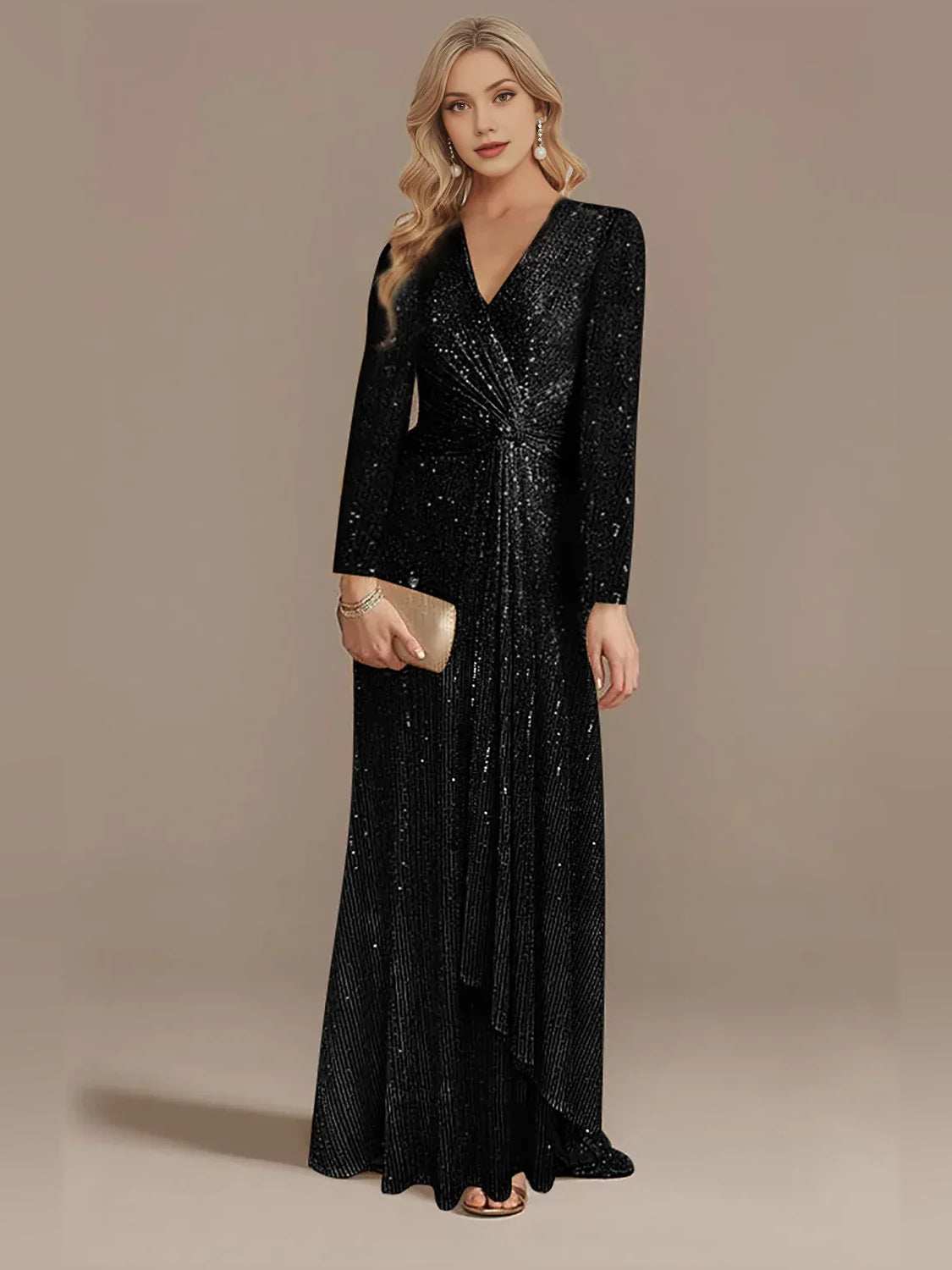 Black sheath floor-length formal dress with sequins, alternate view