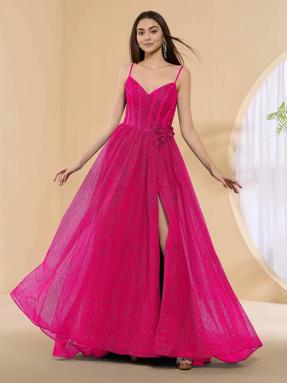 Hot Pink floor-length prom dress, alternate view showing the skirt and hem