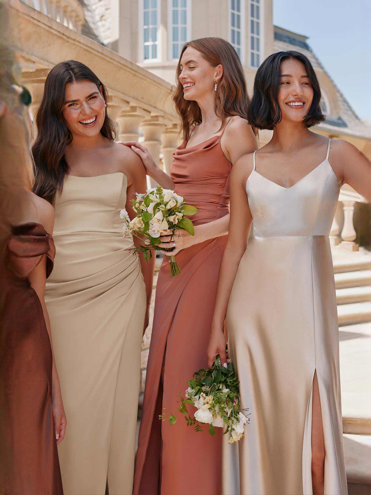 Champagne maxi bridesmaid dress, alternate view showing the skirt and hem
