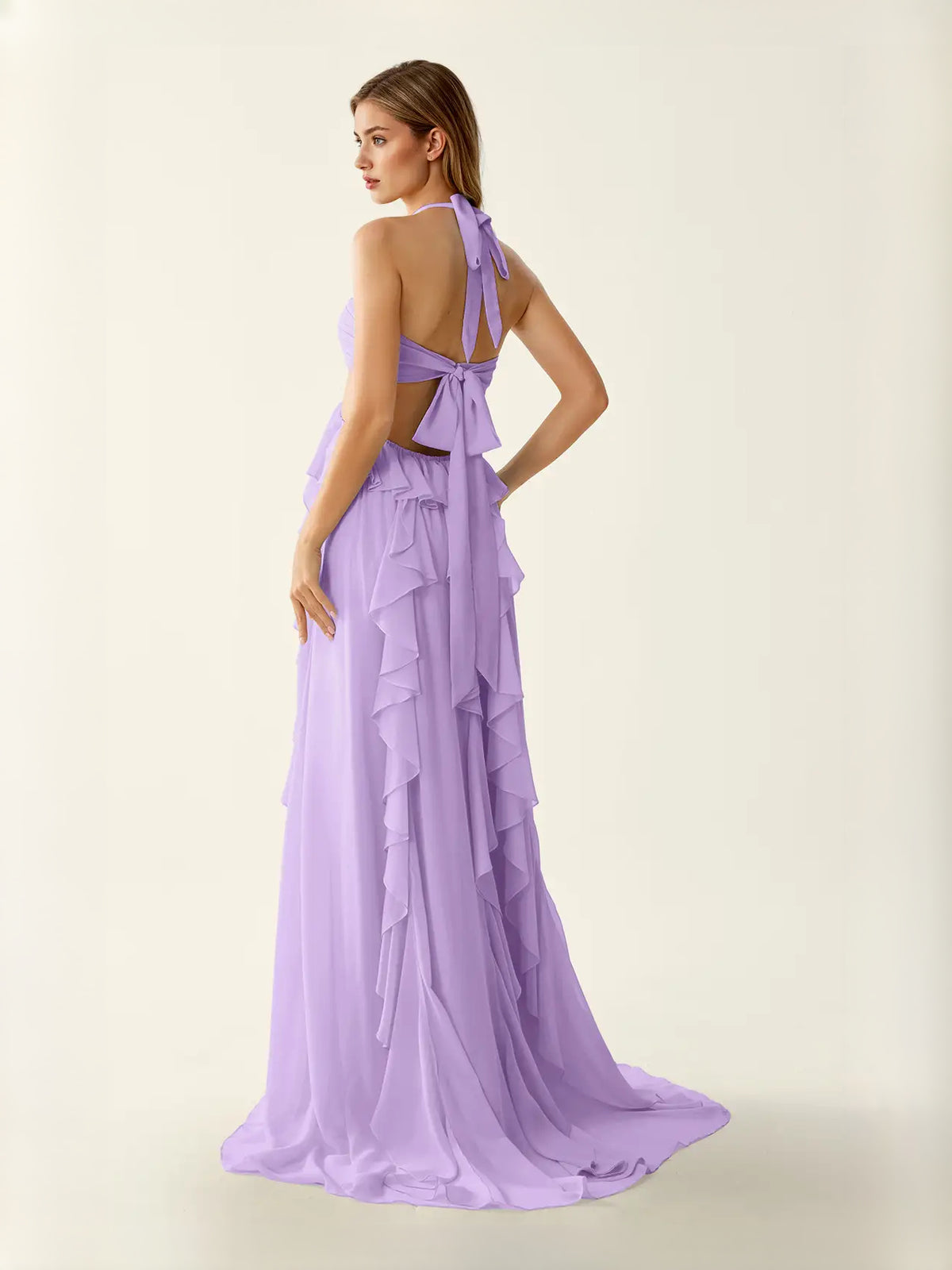 Lilac maxi prom dress, alternate view showing the skirt and hem
