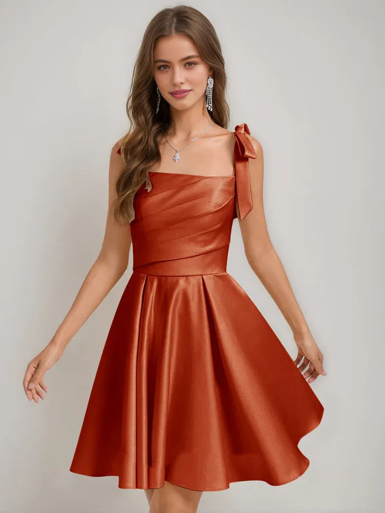 Rust short homecoming dress, alternate view showing the skirt and hem