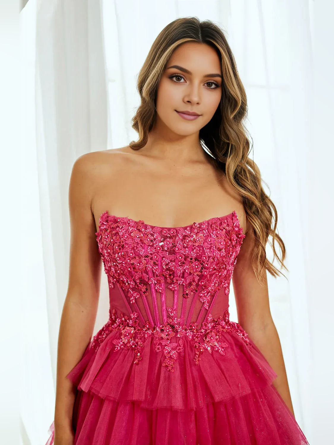 Hot Pink mini homecoming dress, alternate view showing the skirt and hem