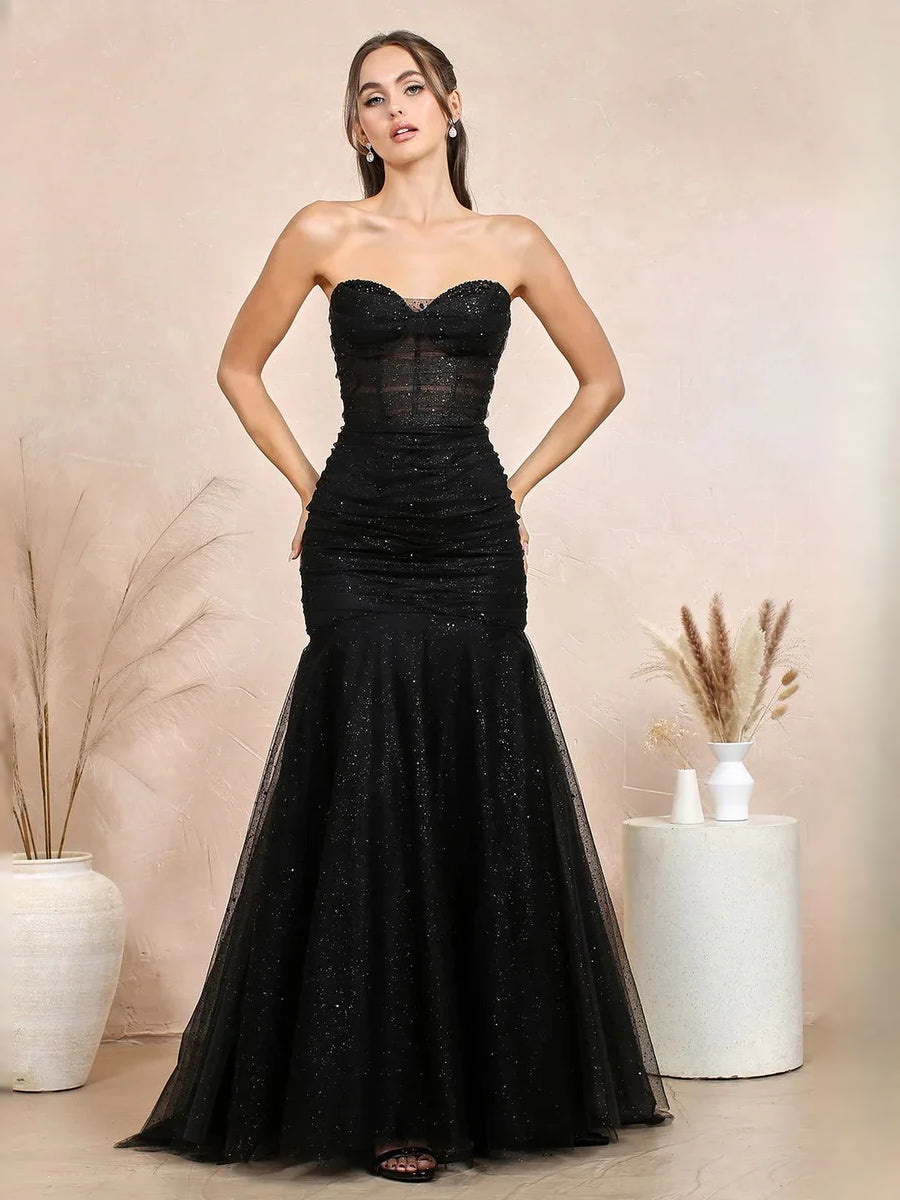 Black floor-length prom dress, alternate view showing the skirt and hem