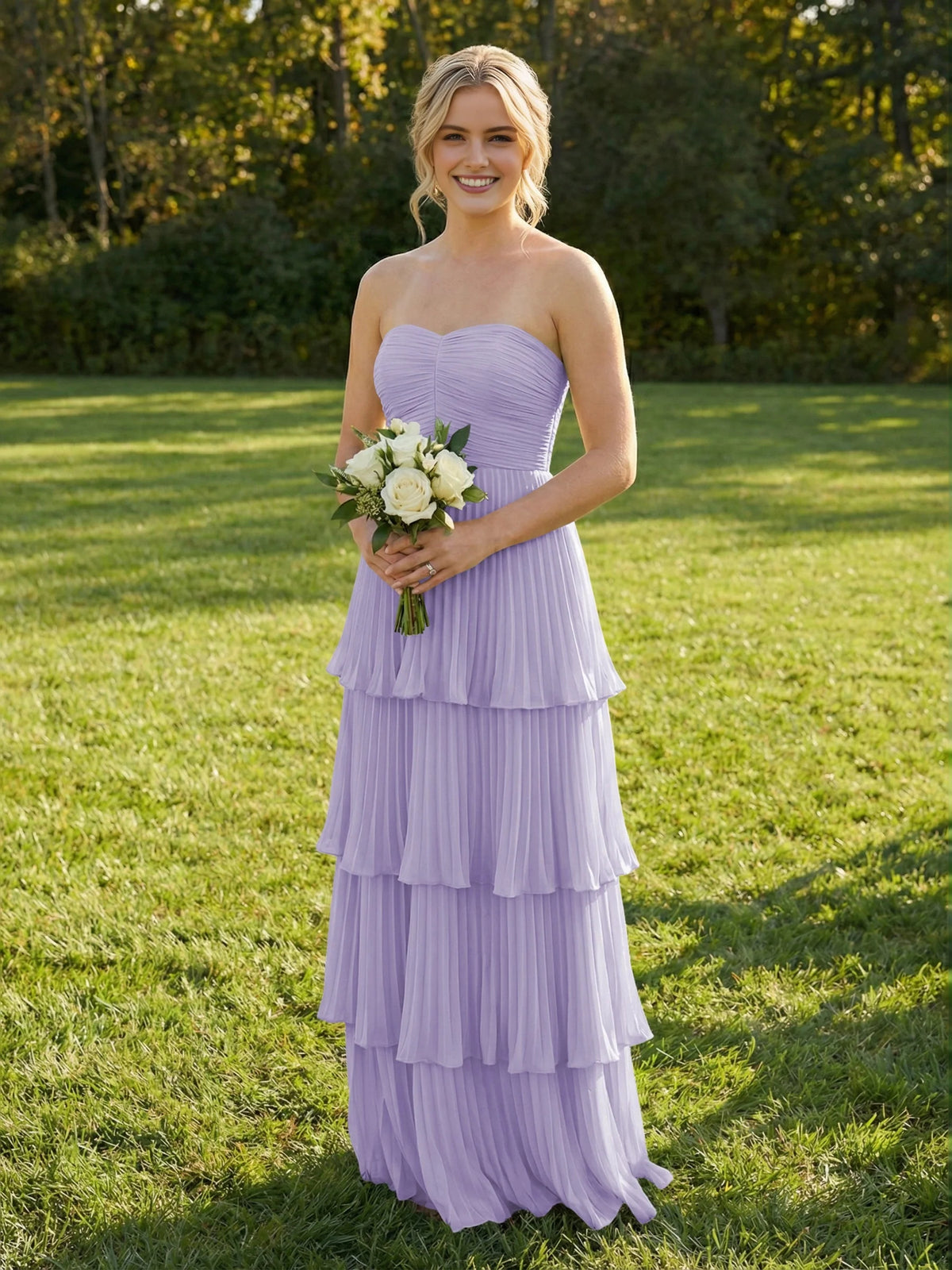 Light Purple maxi bridesmaid dress, alternate view showing the skirt and hem