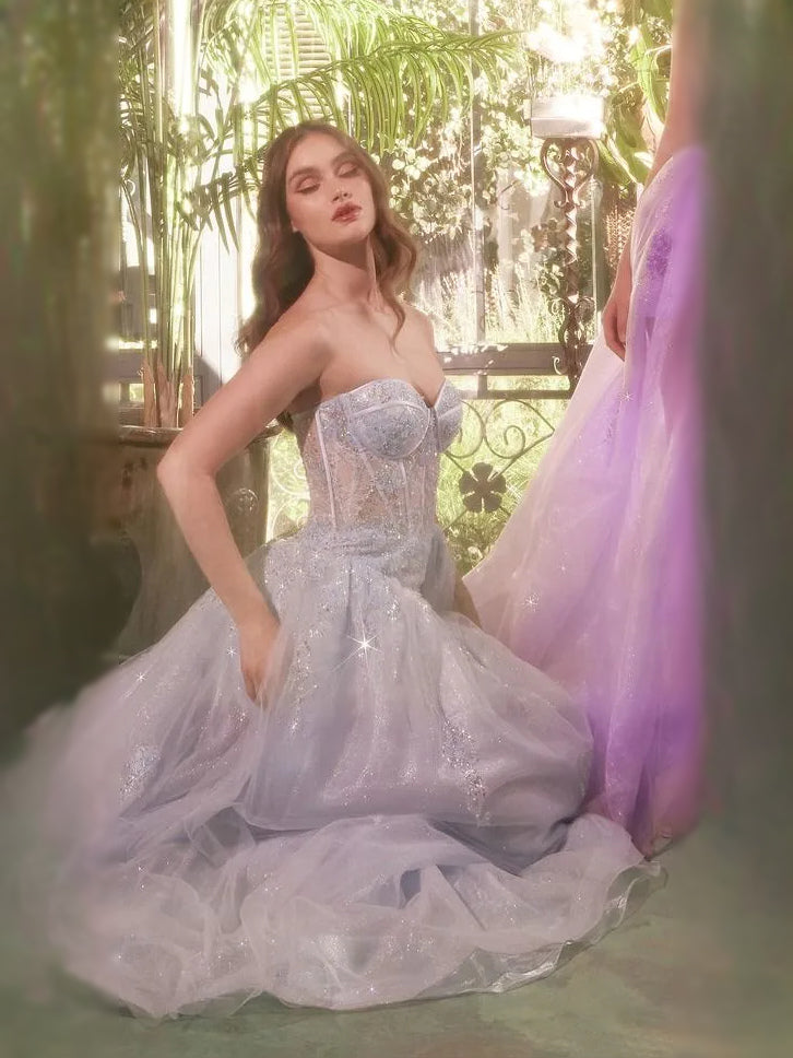 Lilac floor-length prom dress, alternate view showing the skirt and hem
