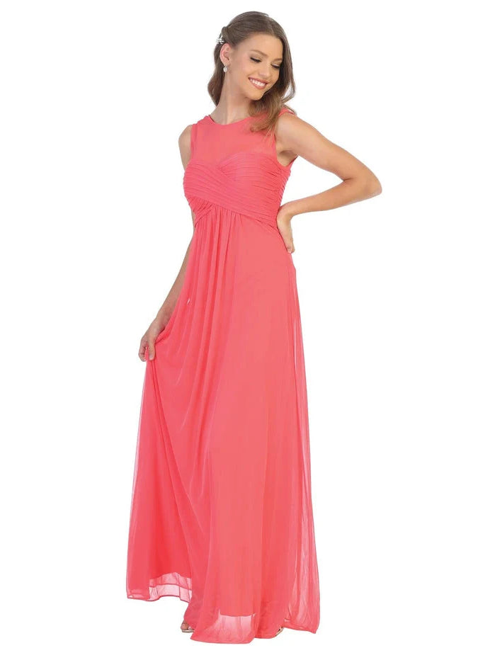 Coral maxi bridesmaid dress, alternate view showing the skirt and hem