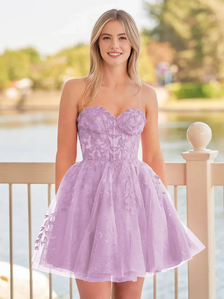Lilac mini homecoming dress, alternate view showing the skirt and hem