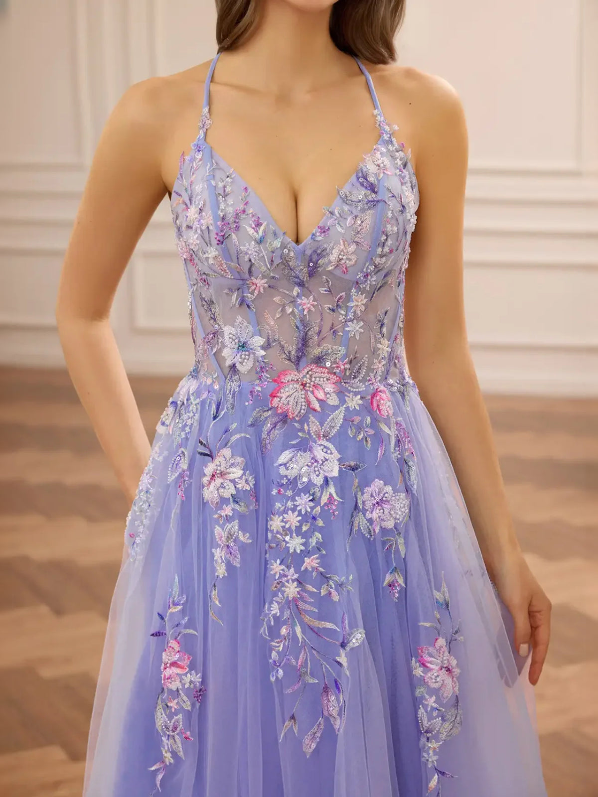 Blue floor-length prom dress, alternate view showing the skirt and hem