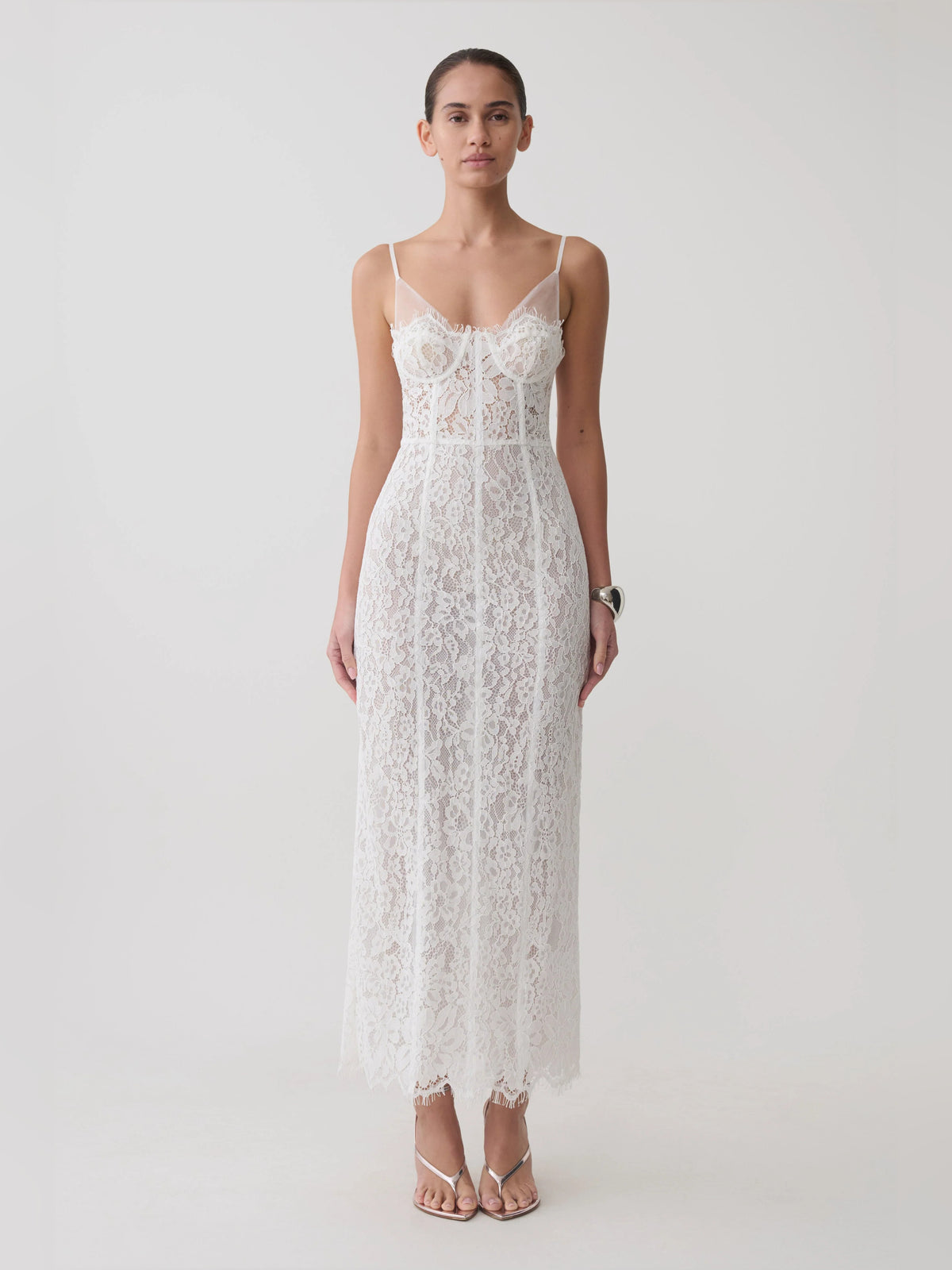 White midi formal dress, alternate view showing the skirt