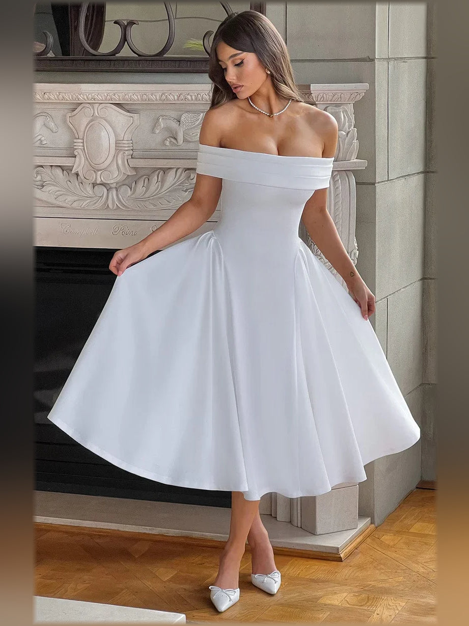 Blue a-line midi formal dress with off-the-shoulder neckline, alternate view showing the skirt