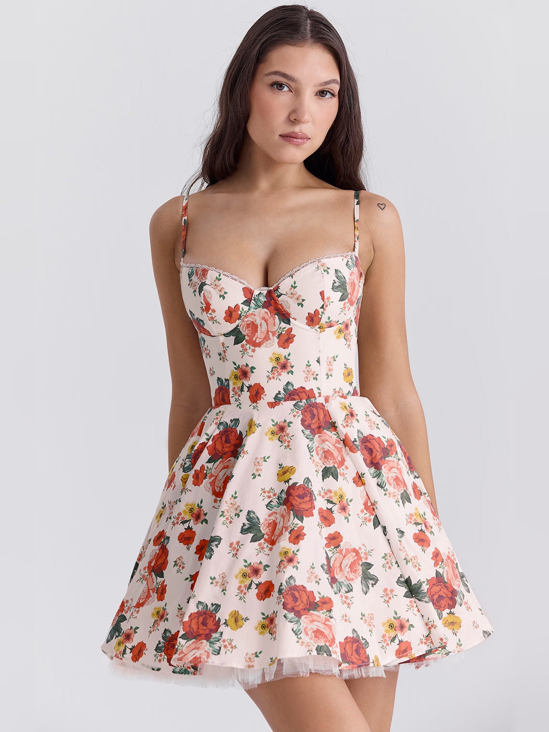 Print mini homecoming dress, alternate view showing the skirt and hem